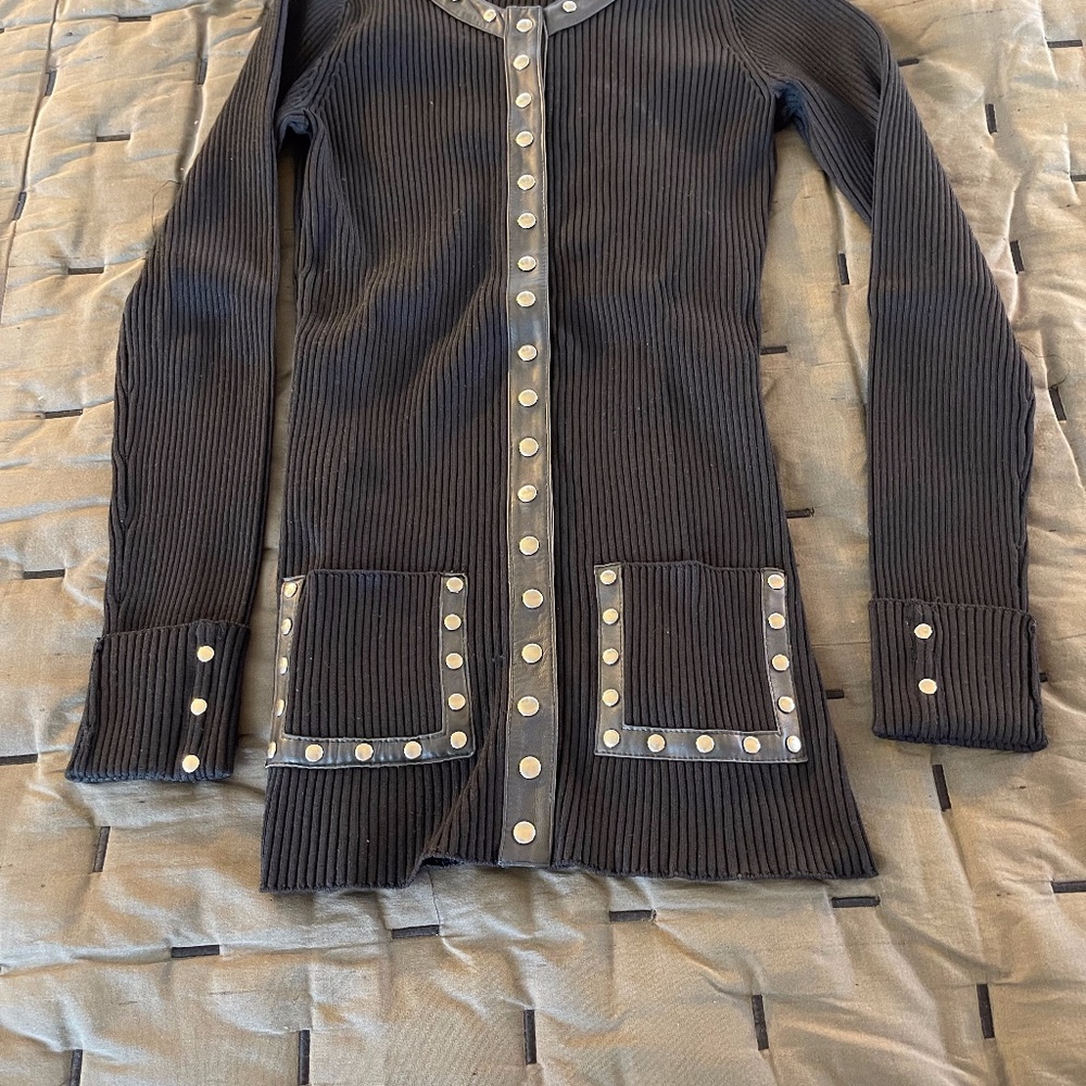 Cashé Black Ribbed Sweater with Leather Trim and Studs